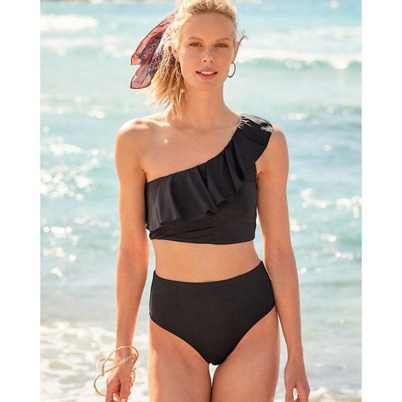 Garnet Hill Other - NWOT Womens Size 4 Garnet Hill Black Playa Ruffle One-Shoulder Bikini Top